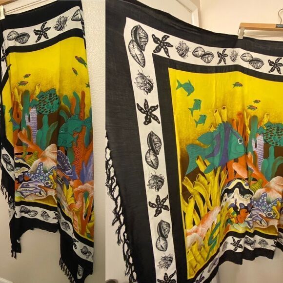 Large Oversized scarf wrap swimsuit cape coverup ocean fish print 43x64 - Picture 1 of 11